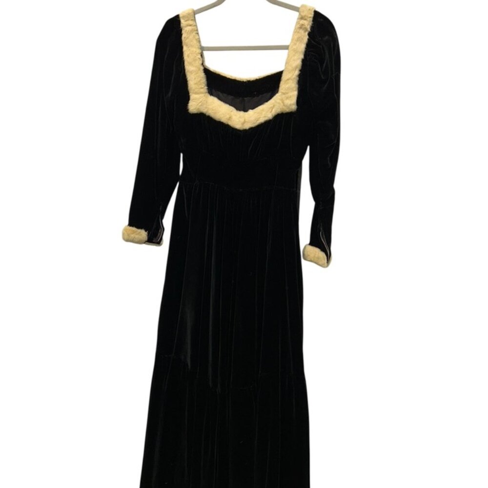 Fredleys Vintage Black Velvet real fox fur trim long dress S